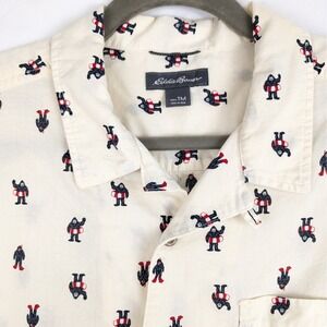 Eddie Bauer Mens Sasquatch Camping Print Button Shirt Size M Tall Short Sleeve